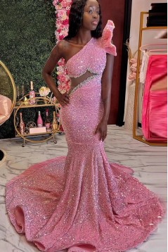 Long Pink One Shoulder Beaded Prom Dresses 801110