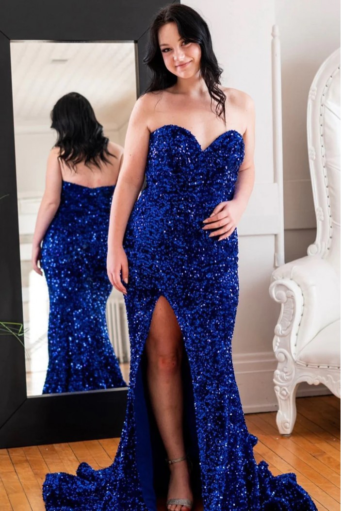 Mermaid Royal Blue Sequins Long Prom Dresses 801134