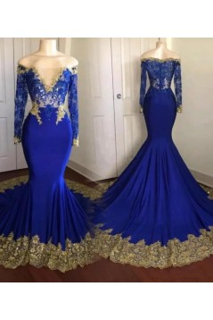 Mermaid Royal Blue Lace Long Prom Dresses 801147