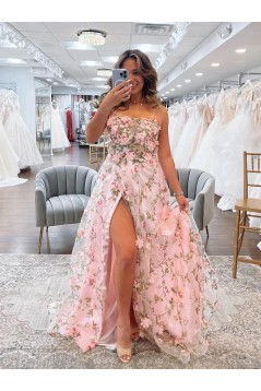 A-Line Long Pink Strapless Lace Prom Dresses 801148