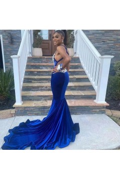 Mermaid Royal Blue V Neck Beaded Lace Long Prom Dresses 801152
