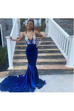 Mermaid Royal Blue V Neck Beaded Lace Long Prom Dresses 801152