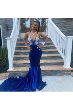 Mermaid Royal Blue V Neck Beaded Lace Long Prom Dresses 801152