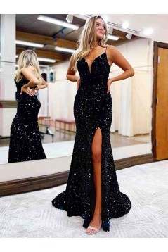 Mermaid Black Sequins Spaghetti Straps Long Prom Dresses 801155