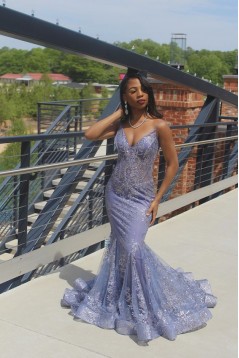 Mermaid Spaghetti Straps Lace Long Prom Dresses 801163