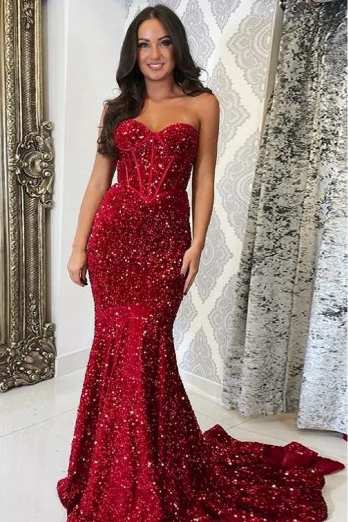 Mermaid Sweetheart Sequins Red Long Prom Dresses 801168