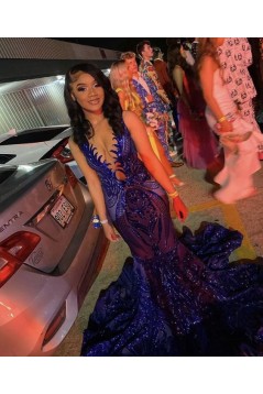 Mermaid Royal Blue Lace Sleeveless Long Prom Dresses 801173