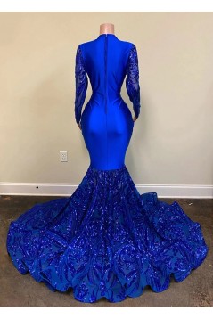 Mermaid Royal Blue Lace Long Prom Dresses with Long Sleeves 801174
