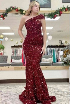Mermaid One Shoulder Sequins Long Prom Dresses 801176