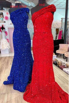 Mermaid One Shoulder Sequins Long Prom Dresses 801176