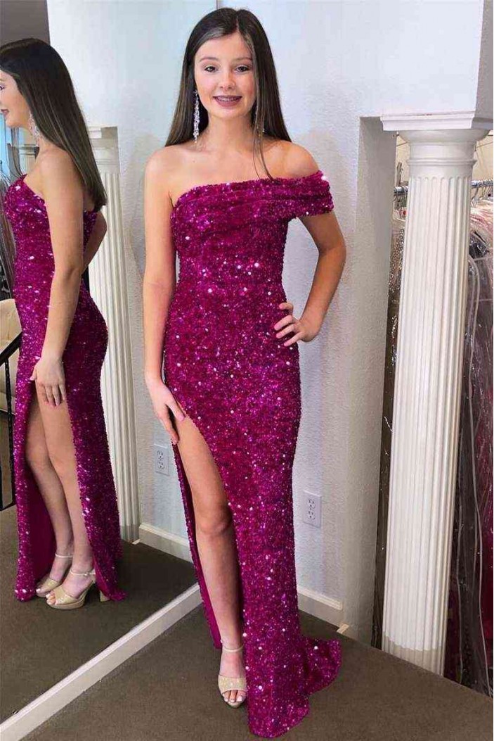 Long Purple Sequins One Shoulder Prom Dresses 801184