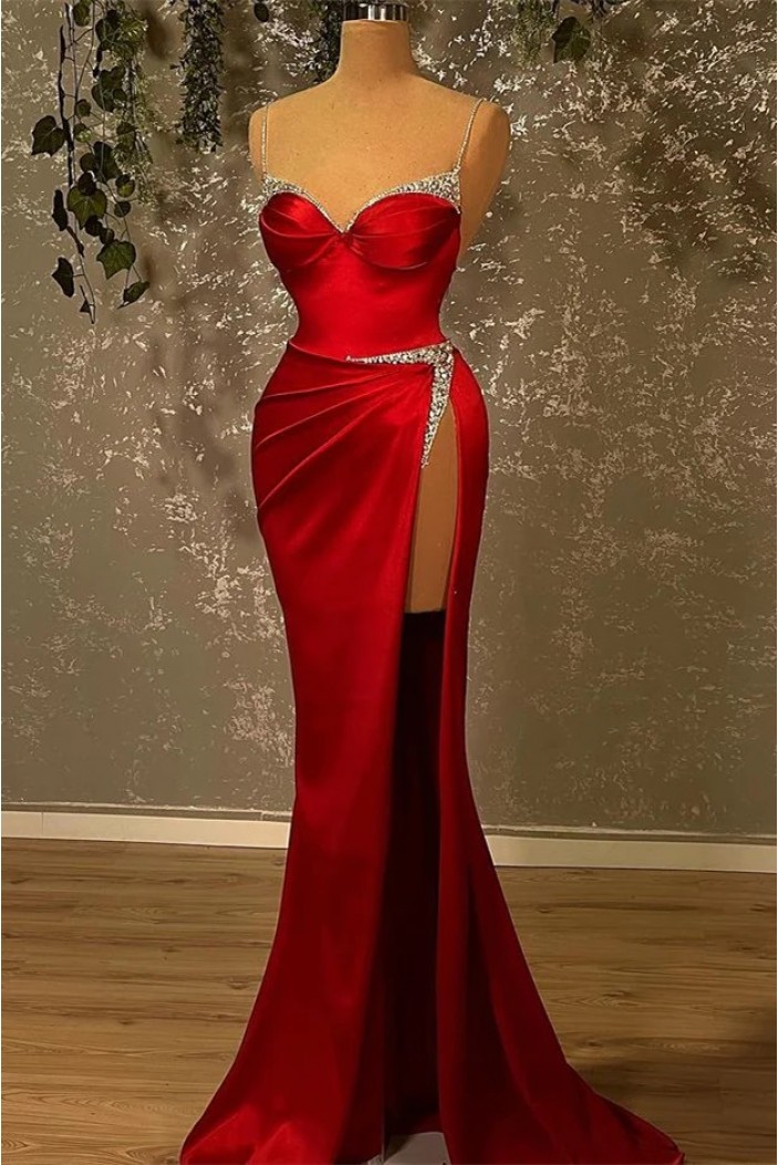 Mermaid Spaghetti Straps Beaded Red Long Prom Dresses 801187