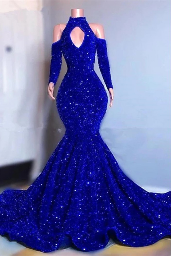 Mermaid Royal Blue Sequins Long Prom Dresses 801192
