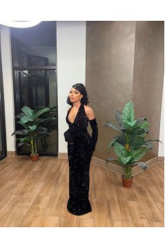 Long Black Halter Sequins Prom Dresses 801205