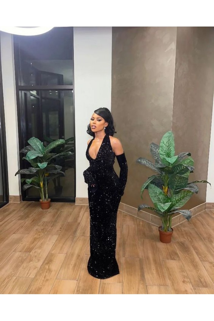 Long Black Halter Sequins Prom Dresses 801205