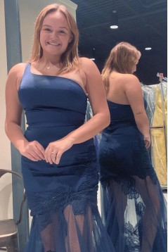Mermaid One Shoulder Blue Long Prom Dresses 801220