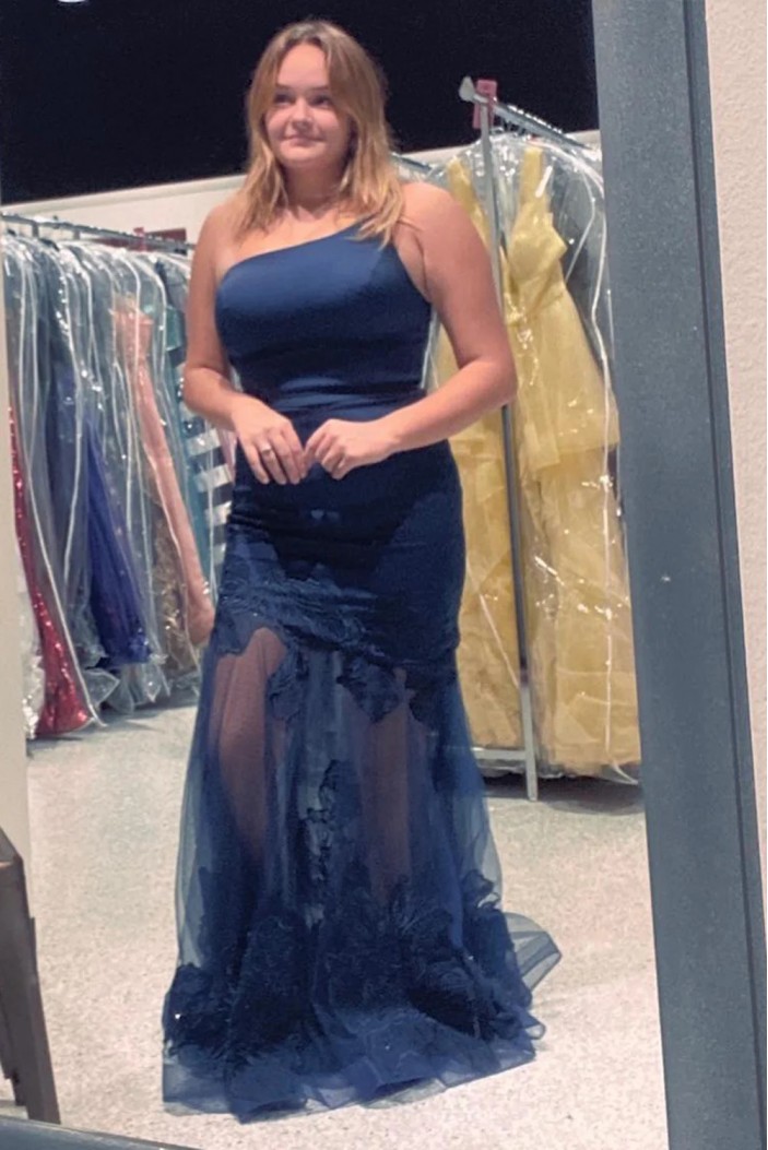 Mermaid One Shoulder Blue Long Prom Dresses 801220