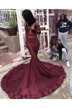 Mermaid Burgundy Lace Long Prom Dresses with Long Sleeves 801222