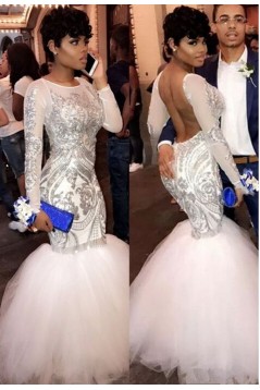 Mermaid White Backless Lace and Tulle Long Prom Dresses 801227