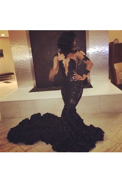 Mermaid Black Lace Long Prom Dresses with Long Sleeves 801230