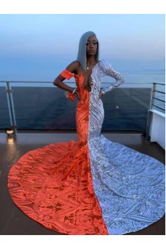 Mermaid Lace Orange White Long Prom Dresses 801234