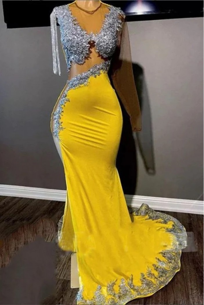 Mermaid Beaded Lace Yellow Long Prom Dresses 801235