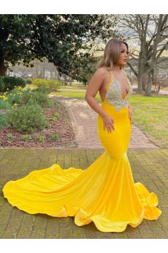 Mermaid Long Yellow V Neck Lace Prom Dresses 801236