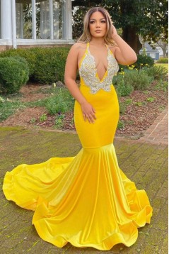 Mermaid Long Yellow V Neck Lace Prom Dresses 801236