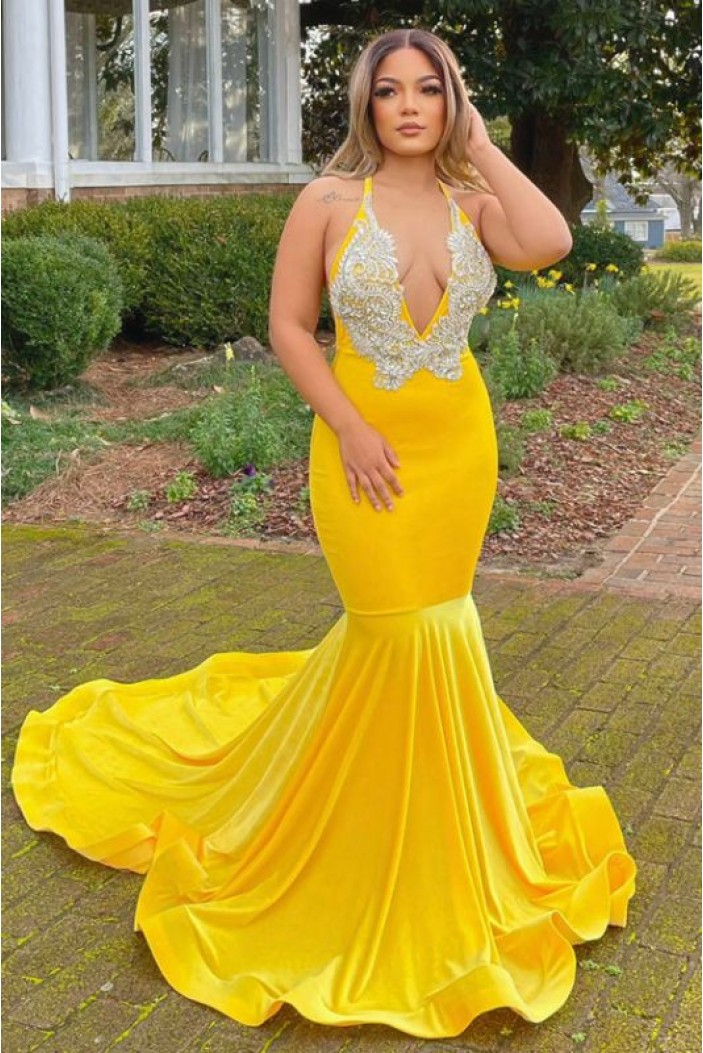 Mermaid Long Yellow V Neck Lace Prom Dresses 801236