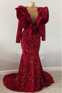Mermaid Deep V Neck Red Sequins Long Prom Dresses 801238