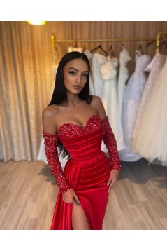 Beaded Red Off the Shoulder Long Sleeves Prom Dresses with Slit 801245