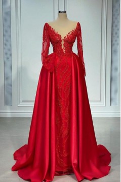 Long Red Beaded Lace and Satin Prom Dresses with Sleeves 801252