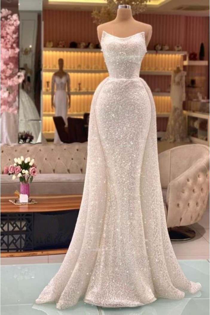Long Strapless White Mermaid Sequins Prom Dresses 801253