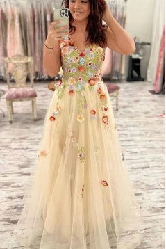 A-Line Lace and Tulle V Neck Long Prom Dresses 801254