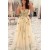 A-Line Lace and Tulle V Neck Long Prom Dresses 801254