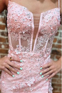 Long Pink Spaghetti Straps Beaded Lace Prom Dresses 801259