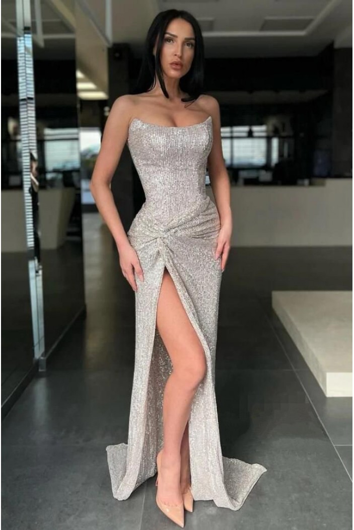 High Slit Strapless Sequin Long Prom Dresses 801269