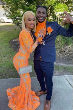 Long Orange Mermaid Lace Prom Dresses Formal Evening Dresses with Long Sleeves 801272