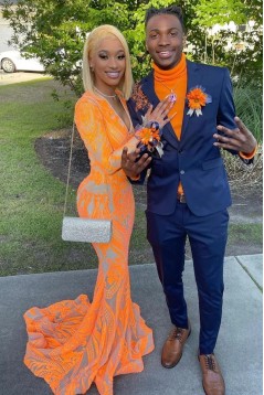 Long Orange Mermaid Lace Prom Dresses Formal Evening Dresses with Long Sleeves 801272