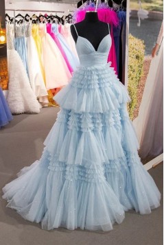 A-Line Spaghetti Straps Long Light Blue Tulle Tiered Prom Dresses 801273