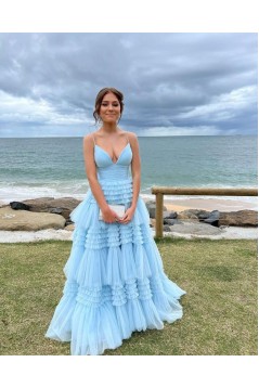 A-Line Spaghetti Straps Long Light Blue Tulle Tiered Prom Dresses 801273