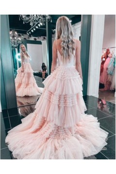 A-Line Spaghetti Straps Long Light Blue Tulle Tiered Prom Dresses 801273