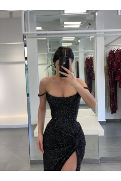 Long Black Spaghetti Straps Sparkle Sequins Prom Dresses 801275