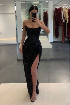 Long Black Spaghetti Straps Sparkle Sequins Prom Dresses 801275