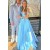 A-Line Beaded Satin Long Blue Prom Dresses 801276