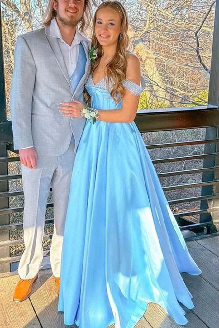 A-Line Beaded Satin Long Blue Prom Dresses 801276