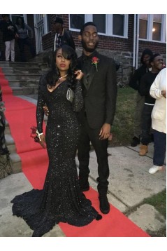 Mermaid Long Sleeves Black Sequin Long Prom Dresses 801278