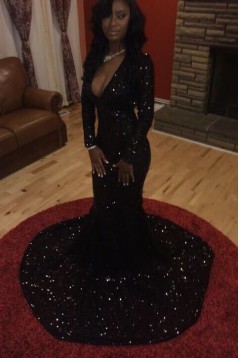Mermaid Long Sleeves Black Sequin Long Prom Dresses 801278