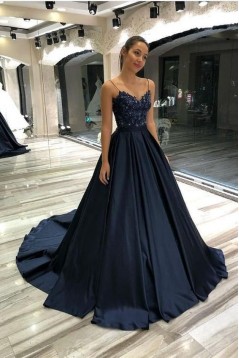 A-Line Spaghetti Straps Lace Appliques Satin Long Prom Dresses 801279