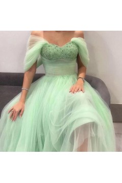 A-Line Mint Green Beaded Tulle Long Prom Dresses 801280